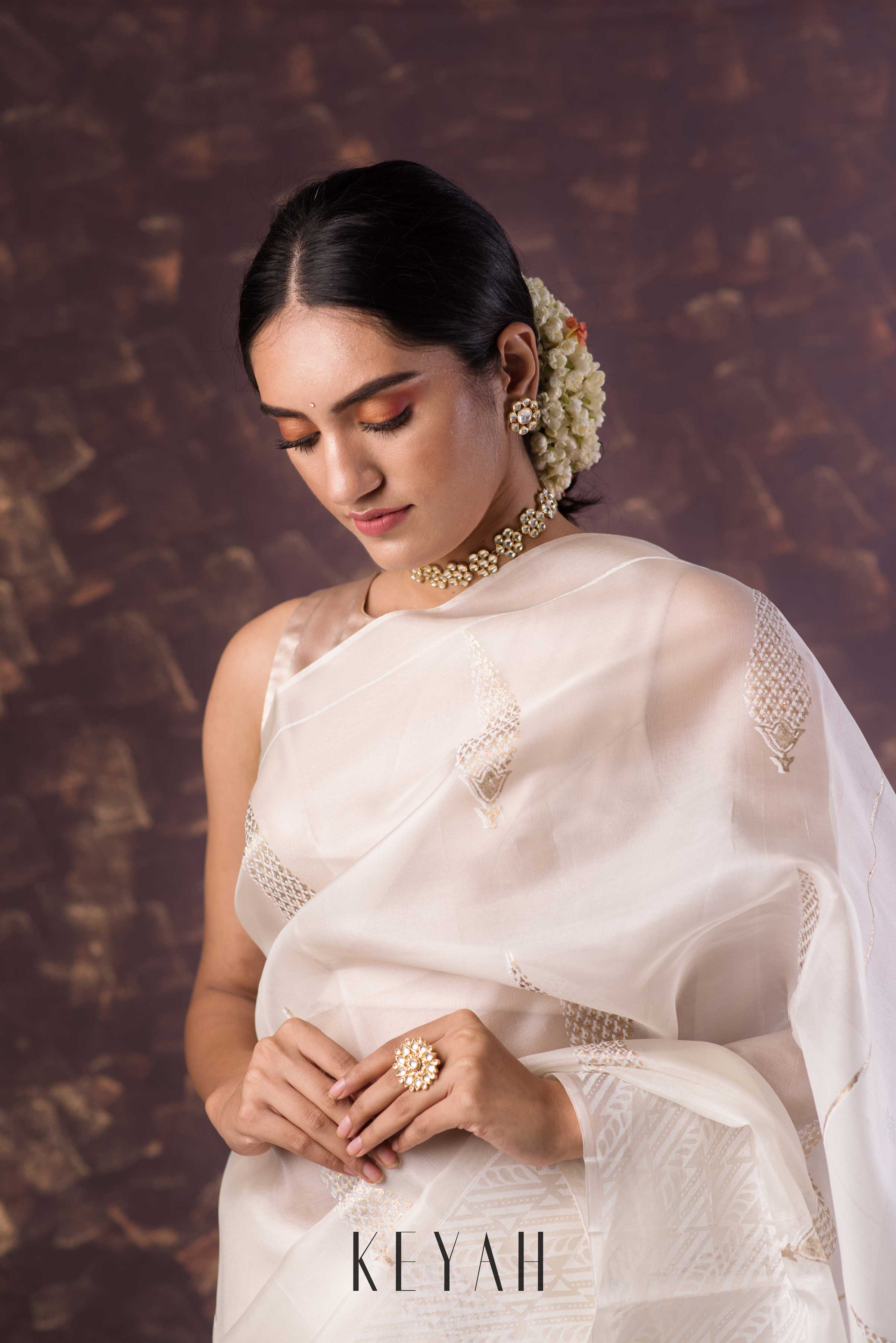 Pearl White Pure Zari Kanjivaram Silk Sari | Saree designs, Sari, Beautiful  saree